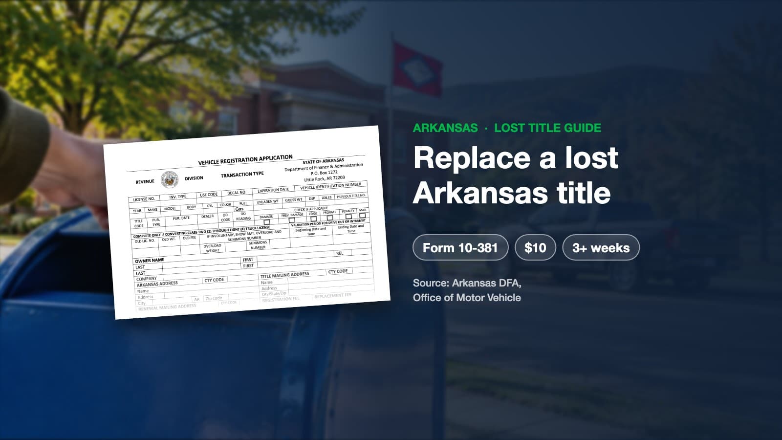 Arkansas DFA Form 10-381 Vehicle Registration Application used for replacement titles, with an Arkansas revenue office behind