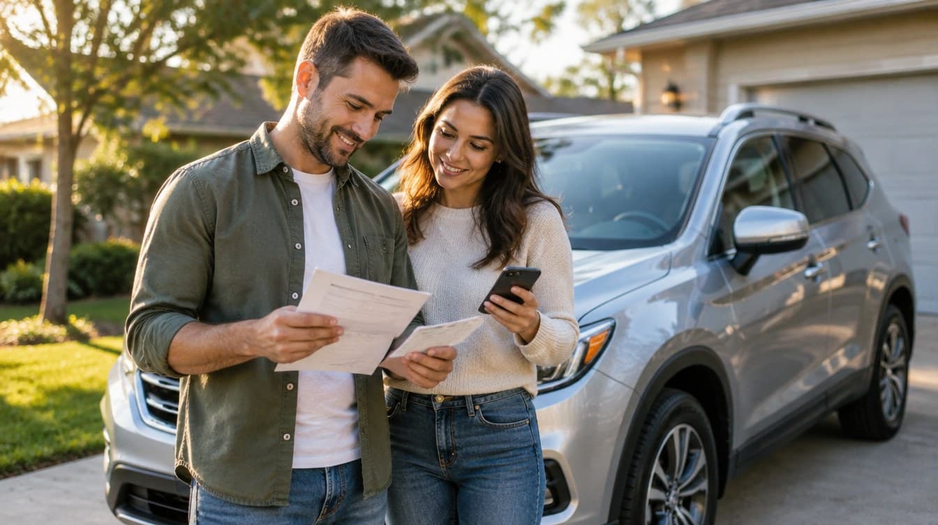 A couple standing next to their SUV in the driveway, reviewing the car title and registration on a phone before selling