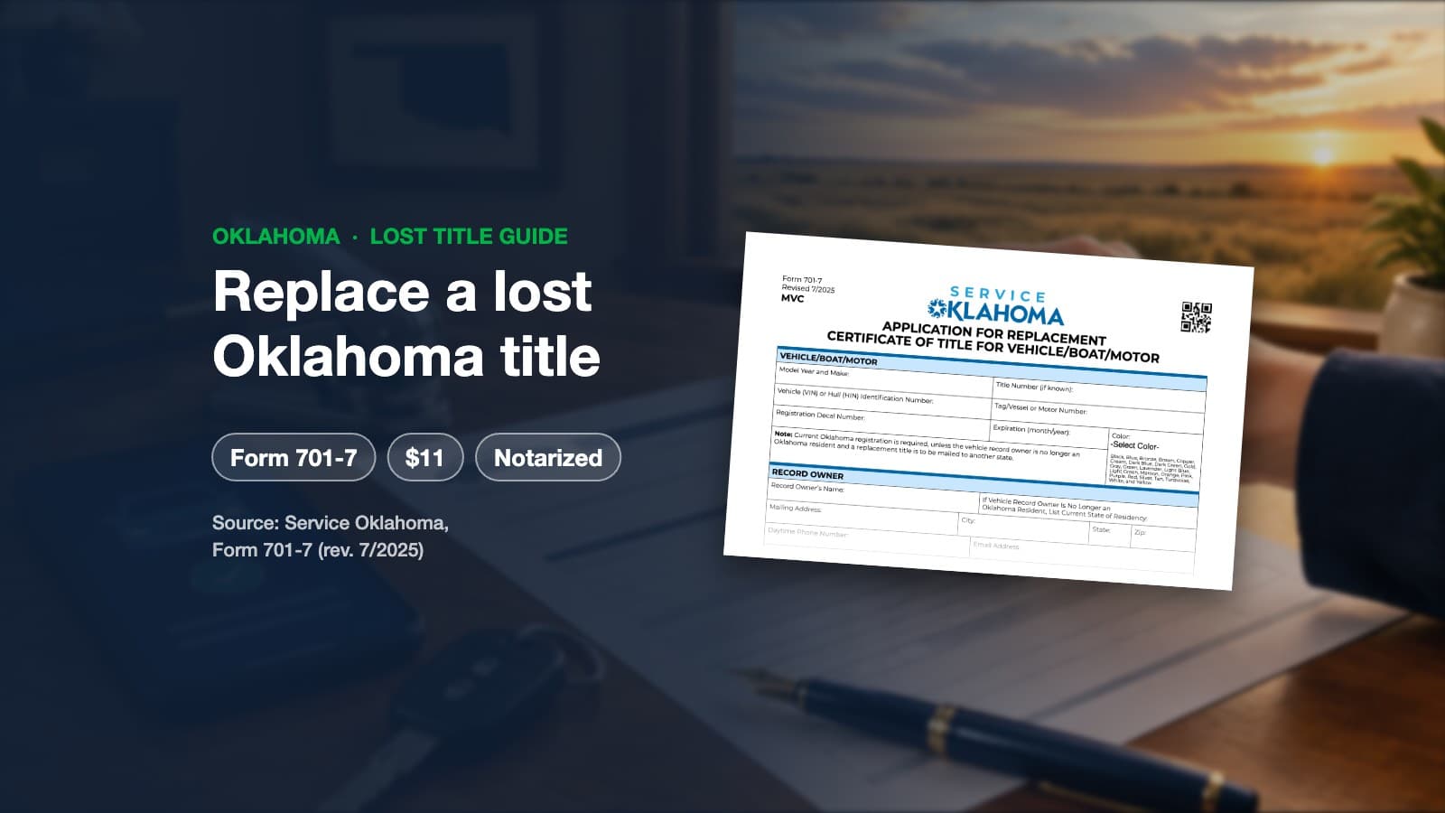 Service Oklahoma Form 701-7, Application for Replacement Certificate of Title, over a notary desk