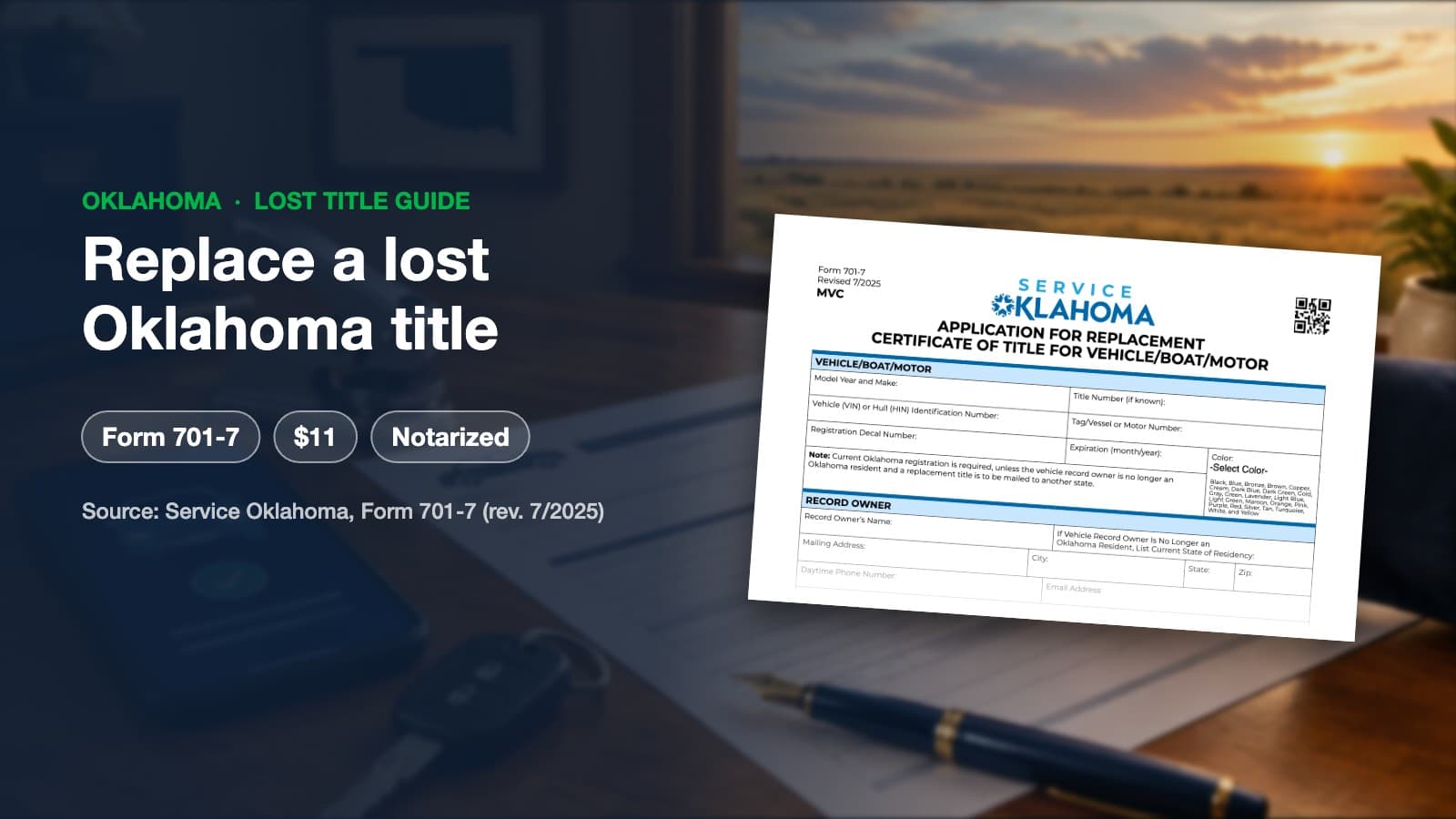 Service Oklahoma Form 701-7, Application for Replacement Certificate of Title, over a notary desk