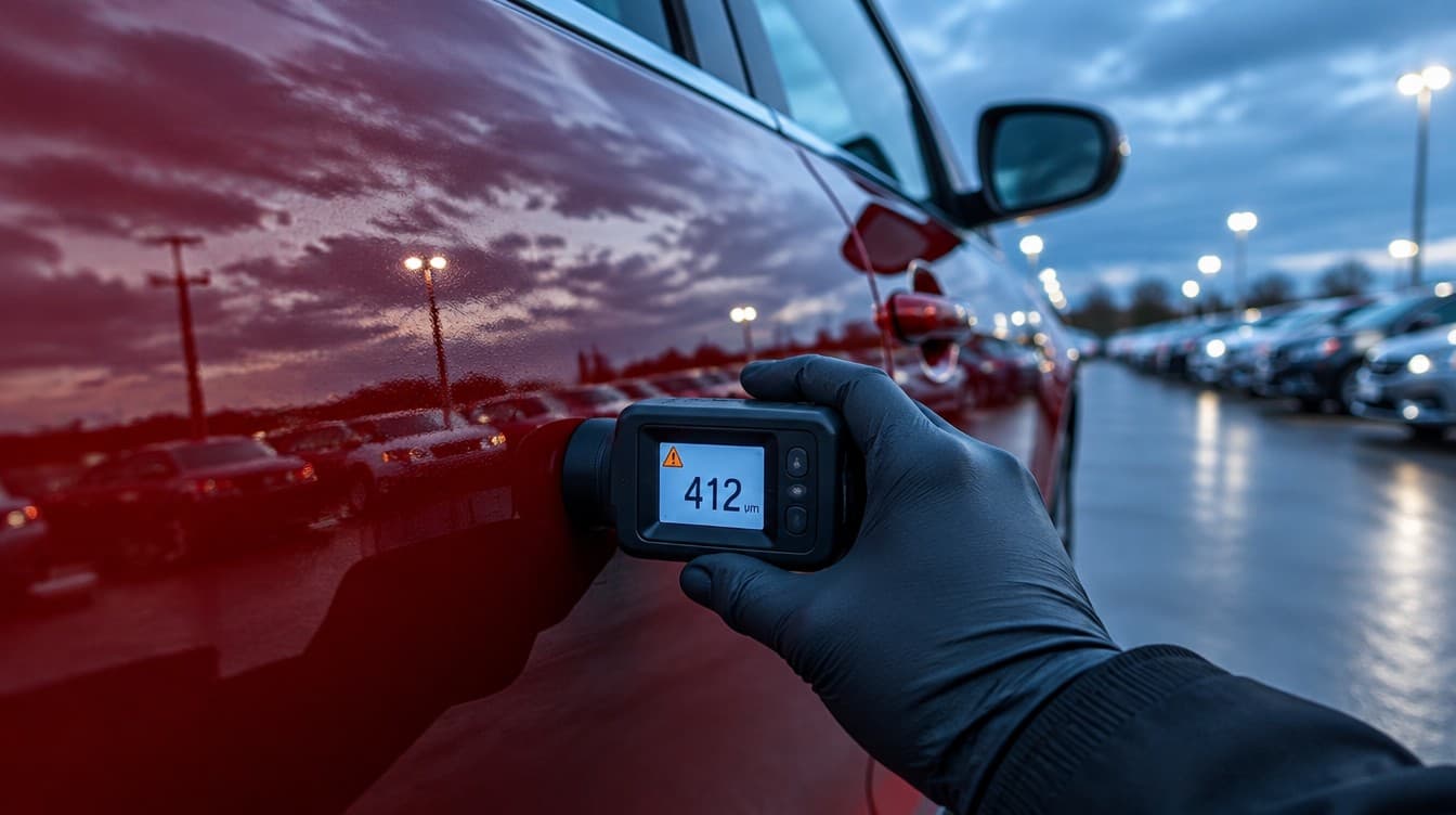 Appraiser's hand pressing a digital paint thickness gauge against a red car door, the screen showing a high reading that signals a repainted panel