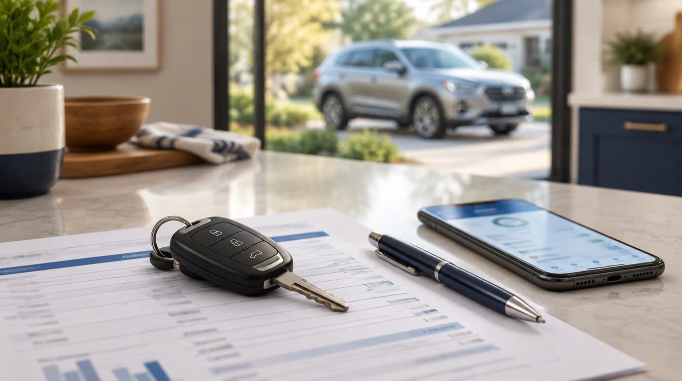 Car keys and a printed auto loan statement on a kitchen counter, with an SUV parked in the driveway outside