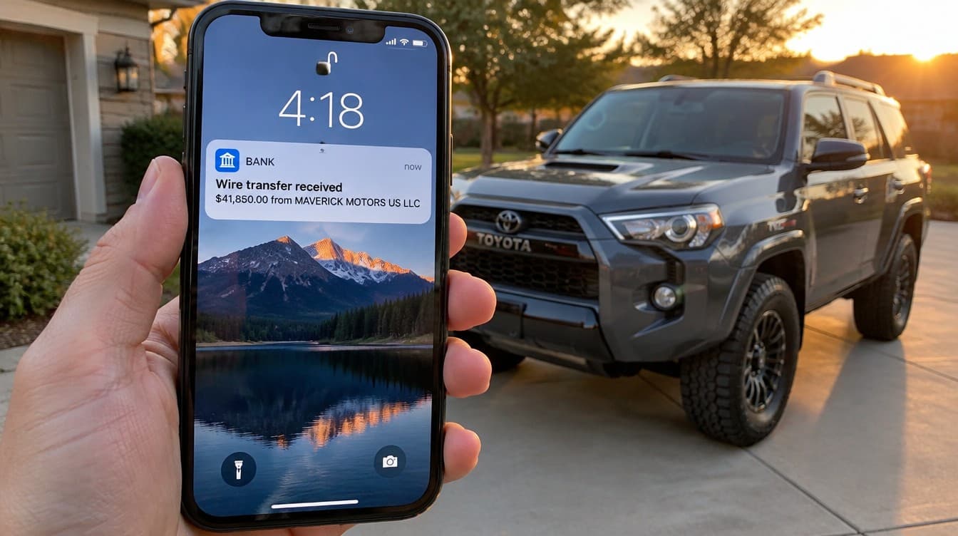 First-person view of a hand holding an iPhone showing a wire transfer received notification from Maverick Motors, with a gray Toyota 4Runner in the driveway